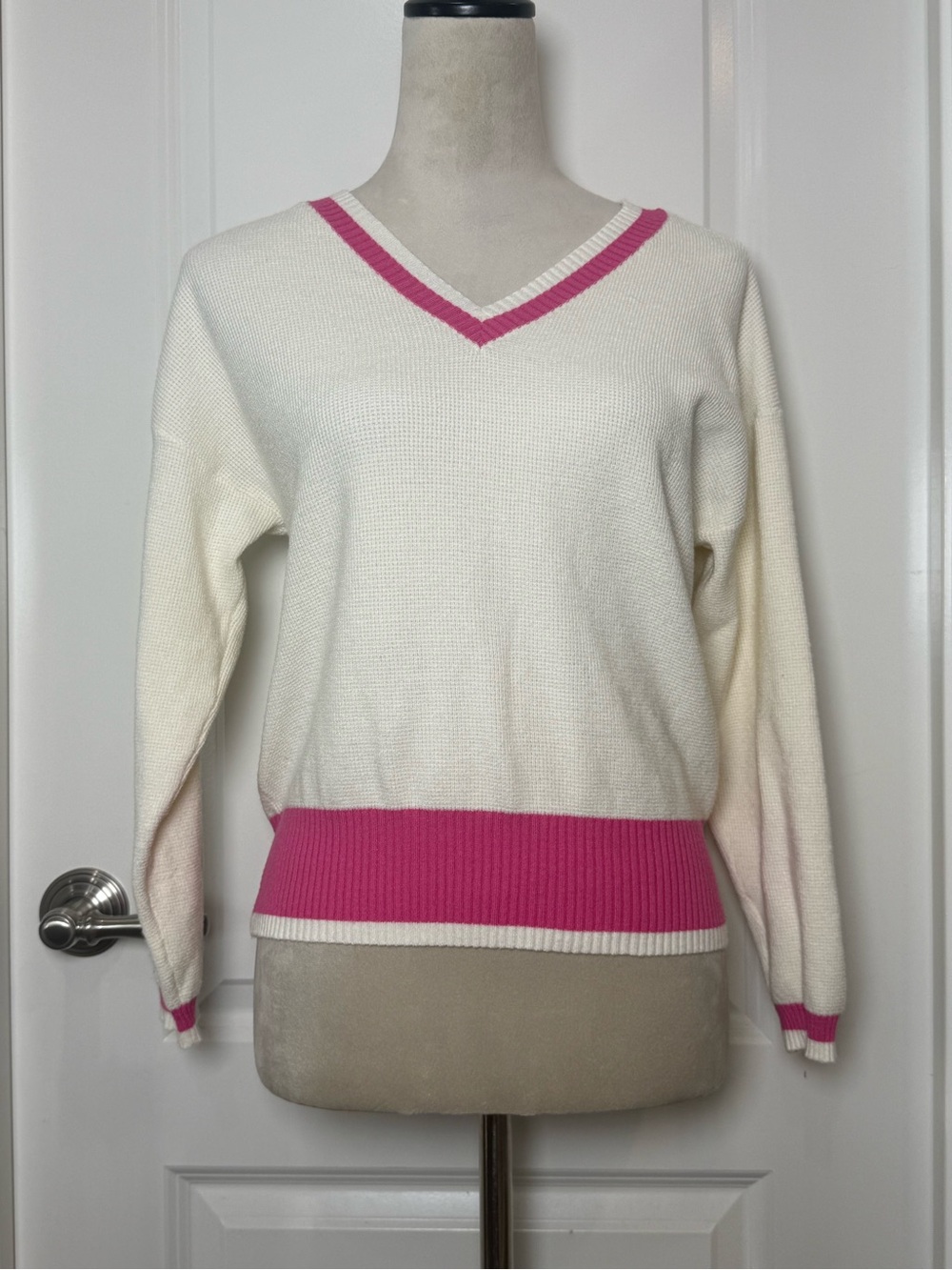 Cyrus Cream V-Neck Sweater with Pink Trim